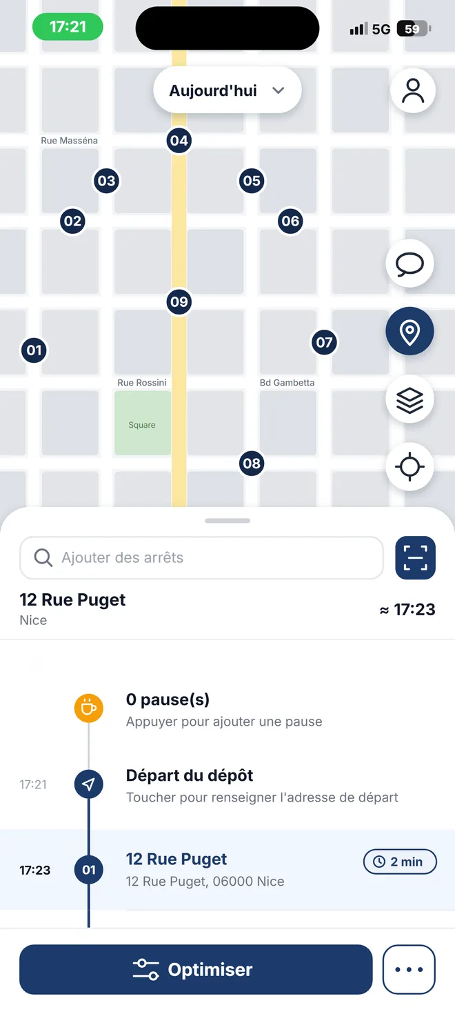 Carte des arrêts dans l'app Otiggo