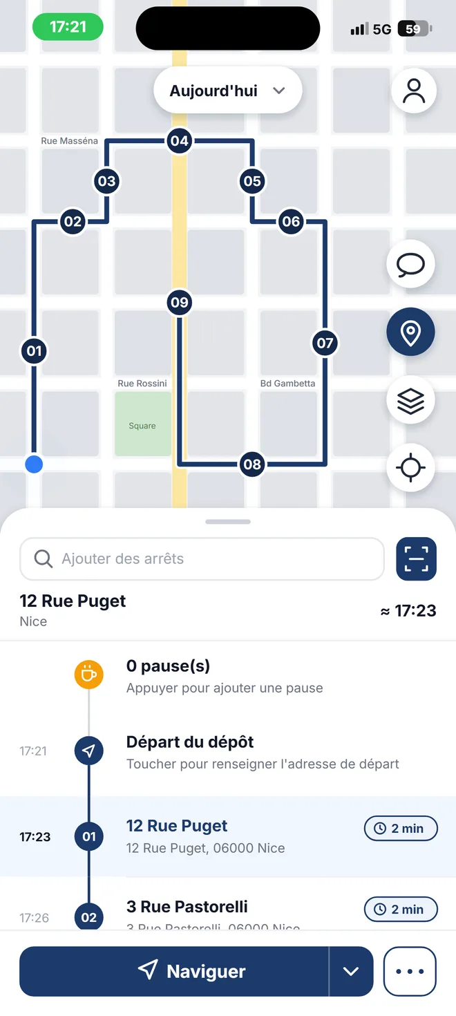 Tournée optimisée dans l'app Otiggo